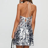 Pbong  Women Sparkly Sequin Halter Mini Dress Elegant Backless Disco Party Dress Summer Sexy Night Out Cocktail Club Dress