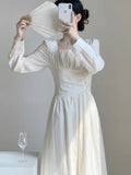 Autumn Women White Solid Long Sleeve Long Dress Elegant A-line Sweet Dresses Vintage Casual Birthday Vestidos Female Clothes