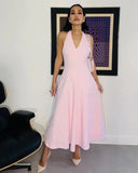 Pink Sexy Party Long Dress New Halter V Neck Backless Slim Women Dress Vaation Beach Pleat A-line Vestidos 2025 Summer New