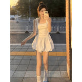 Pbong  White Dress Women's Spring New Style Feel Outfit Short Skirt French Style Pure Color Waist Cinched Midi Dress