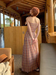 Maxi Dress Women Sweet Colorful Holiday Aesthetic Students Vintage Plaid Party Wear Chic Sleeveless Summer Ins Popular Vestidos