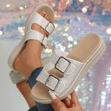 Pbong  New Fashion Women Rhinestone Thick Bottom Belt Buckle Slipper Female Casual Wedges Indoor Outside Wear Hollow Beach Slides