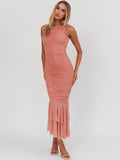 Mesh Backless Ruffle Sexy Maxi Dress Women Gown Two Layer Fabric Fashion Sleeveless Ruched Bodycon Club Long Dress