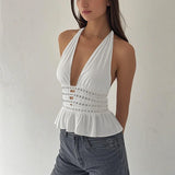 Pbong  Euramerican Sexy Halter Deep V Neck Tank Tops Heavy Hot Diamond Design Temperament Women Camisole Spicy Backless French Tops
