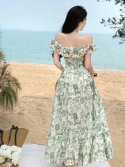 Vintage Korea Fashion Clothing Summer Slim A Line Ruffled Elegant Women Floral Print Chic Vest Dress Backless Pleated Sundress
