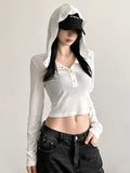 Hooded Long Sleeve Crop Tops Sheer Knit White Casual Shirts for Women Korean Fashion Clothes