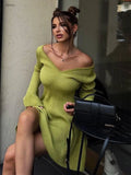 V-neck Long Sleeved Sexy Short Dress Knitted Autumn Winter Solid Color A-line Backless Pleated Women Dresses Fall Fashion