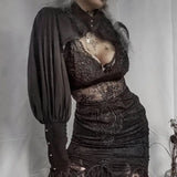 Gothic Lantern Sleeve Smock High Street Sexy Black Winter Long Sleeve Crop Top Aesthetic Fairy  Blusas Mujer De Moda 