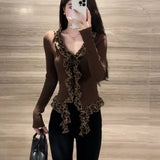 Fall Winter Women Shoujo Coquette Design Knit Crop Top Japanese Y2k Streetwear Coquette 2000s T-Shirts Gothic Tee Kpop Gyaru Hot