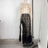 Summer Women Long Skirt Midi Asymmetrical Lace Mesh Skirts White Lace Ruffle Hem Half Skirt Maxi Sheer Lace Wrap Layered Bottoms