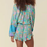 Pbong  Open Button V neck Flower Print Full Raglan Sleeve Bodysuits Women Elastic Bow Sashes Short Jumpsuits Romper Holiday