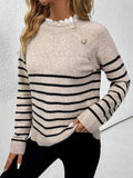 Autumn and winter women's fashionable lace round neck striped long sleeved knitted sweater