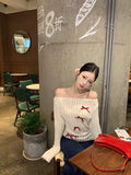 Sweet Bow Knitted Pullover Women Off Shoulder Sexy Long Sleeve Sweaters Korean Style Kawaii Autumn Winter Pullovers