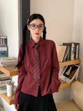Slim Vintage Striped Tie Shirt Women Fall Long Sleeve American Preppy Style Blouse Casual Female Turn Town Collar Retro Tops New