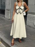 Pbong  Summer Contrast Color Bow V Neck Sweet Temperament High Waist All Match Fashion Dresses