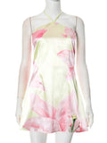 Halter Contrast Print Dress For Women Lace Up Fashion Slim Mini Dress A-line Vacation Party Dress Female Elegant New