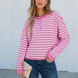 Pbong  Womens Knitted Sweater Tops Fall Long Sleeve Crew Neck Striped Button Loose Pullover Jumpers Preappy Casual Knitwear