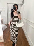 2025 Short Sleeve Stripe Knit Long Dress V-neck Thin Hollow Out Casual Dress High Stretchy Summer Vacation Beach Female Cloth