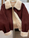 Faux Lamb Suede Jacket Women Winter Warm Long Sleeve Vintage Cotton Coat Korean Casual Lady Thick Long Sleeve Retro Tops