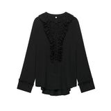 Elegant Casual Ruffles Lace-up Shirts Women Fashion Loose Long Sleeve V Neck Summer Blouse Lady Lightweight Holiday Tops 2025