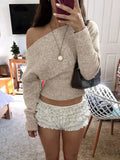 Pbong  New Autumn Winter Laid-back Style Loose Shoulder Design Knitted Top Women's High Waist Slimming Sweater Street Fashion