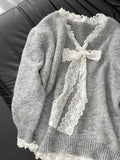 Lazy American Vintage High Street Patchwork Lace V Neck Sweaters Y2k Aesthetic Knitted Long Sleeve Clothing Harajuku Pullovers