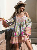 Boho Inspired floral print rayon mini boho dress for women off shoulder V-neck half sleeve bohemian boho beach summer dress