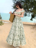 Vintage Korea Fashion Clothing Summer Slim A Line Ruffled Elegant Women Floral Print Chic Vest Dress Backless Pleated Sundress