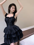 Sexy Slip Lolita Style Black Dress Women Vintage Sleeveless Y2K Mini Dress Summer Slim Sweet Korean Lace Up Cake Dress New