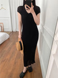 2025 Short Sleeve Stripe Knit Long Dress V-neck Thin Hollow Out Casual Dress High Stretchy Summer Vacation Beach Female Cloth