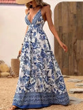 Elegant Long Printed Dress Deep V-Neck Back Crossed Cross-Border Women's Fashion Dress Sleeveless Ankle-Length China Origin