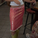 Vintage Sweet Pink Sequin Skirt for Women Simple Slim Fit Bodycon Skirts 2025 Summer New All-match Faldas Sexy Mujer
