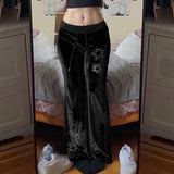 Euramerican Spice Woemn Star Hot Diamond Print Casual Pants Y2k Spliced Low Waist Drawstring Trousers Harajuku Velvet Flare Pant