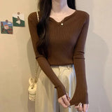 Pbong  French Style Slim Fit V Neck Knitwear Long Sleeve Womens Base Layer Black Sweater Autumn Winter Shirt