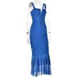 Pbong  Strap Fishtail Hem Long Dresses Sexy Bag Hip Backless Hottie Dress Summer Pleated V-Neck Chic Design Stretch Bodycon Dress Women
