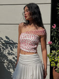 Patchwork 2-Piece Set Women Folds Love Print Single Shoulder Sleeve Tops+Solid Multilayer Mesh Skirts Slim Matching Suit