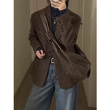 Retro Faux Woolen Blazer Coat Women Harajuku Long Sleeve Fall Winter Y2K Jacket Streetwear American Casual Lady Suit Coat