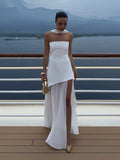 2025 Summer Women Fashion Strapless Dress With Ribbon Patchwork Elegant Sleeveless Mesh Split Dress Vacation Beach Long Dresses