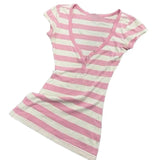 Pbong  Sweet V Neck Short Sleeve Girl T Shirts Y2k All Match Constrast Color Striped Slim Commuter Tops Harajuku Punk Tees