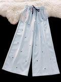 Pbong  Sweet Bow Striped Pants Women High Waist Korean Casual Wide Leg Trousers Elegant Fashion Loose Cute Female Spring Pants New