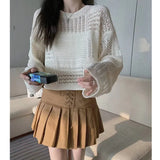 Long Sleeve Pointelle Knit Top Women Sheer Openwork Boxy-fit Crew Neck Pullovers Sweater Female Teen-girl Boho Vacation Outfit