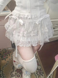 Sweet Kawaii Skirts Women Lolita Coquette Lace Bow Patchwork Mini Skirt White High Waist Cute Summer A-line Short Skirt