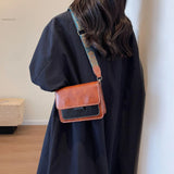 Retro Oil Pu Leather Contrasting Color Autumn Wide Shoulder Strap Single Shoulder Crossbody Small Square Bag for Women