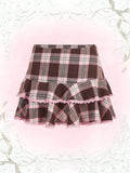 Pbong  Kawaii Plaid Lace Trim Ruffle Hem Skirt