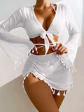 4 Pieces Lace Up Halter Triangle Bikini Swimsuit & Cover Up Top With Skirt Sexy Swimwear Women Bathing Swimming Suit Female