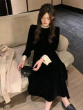 Sweet Woman Party Dresses Korean Vintage Velvet Black Dress Patchwork Robe Elegant Clothes All Match Pearl Vestidos Mujer
