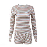 Pbong  Women's Sexy Hot Pants Set round Neck Long Sleeve Color Woven Stripe Fabric T-shirt Top Trendy Street Style Casual Outfit
