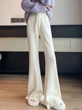 Ruffles Knitted Flare Pant Women High Waist Fashion Loose Fall Winter Trousers Korean Chic Elegant Lady Sweet Solid Pants