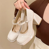 Pbong  Vintage Chunky High Heels Mary Jane Shoes for Women Patent Leather Platform Pumps Woman Square Toe Thick Heel Black Lolita Shoes