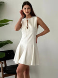 Pleated Tank Mini Dress For Women Bows Lace Up Hollow Sleeveless A-line Dress Fashion Commuting Clothes Solid Lady Dress